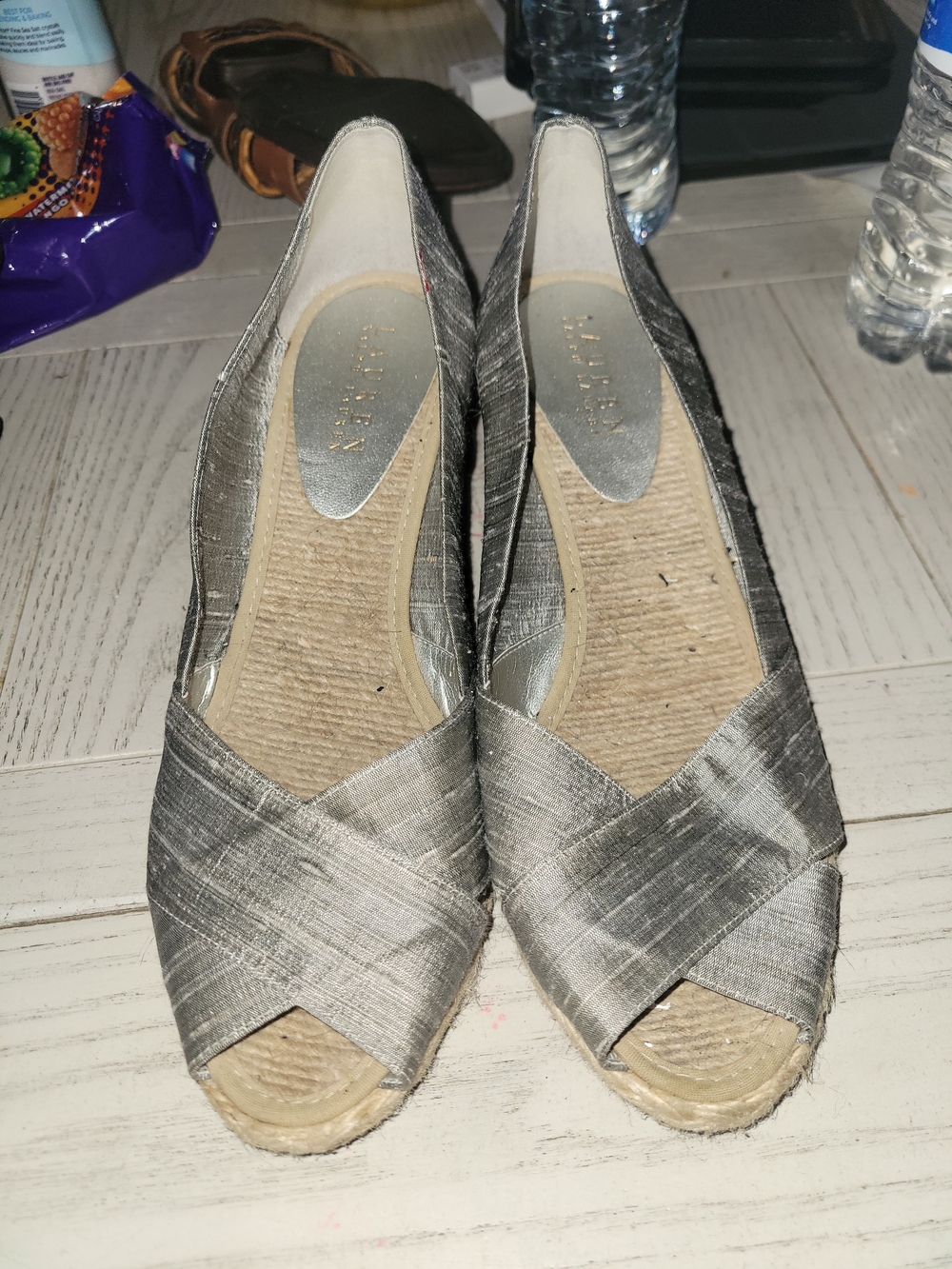 Ralph Lauren Silver Espadrille Peep-Toe Wedges